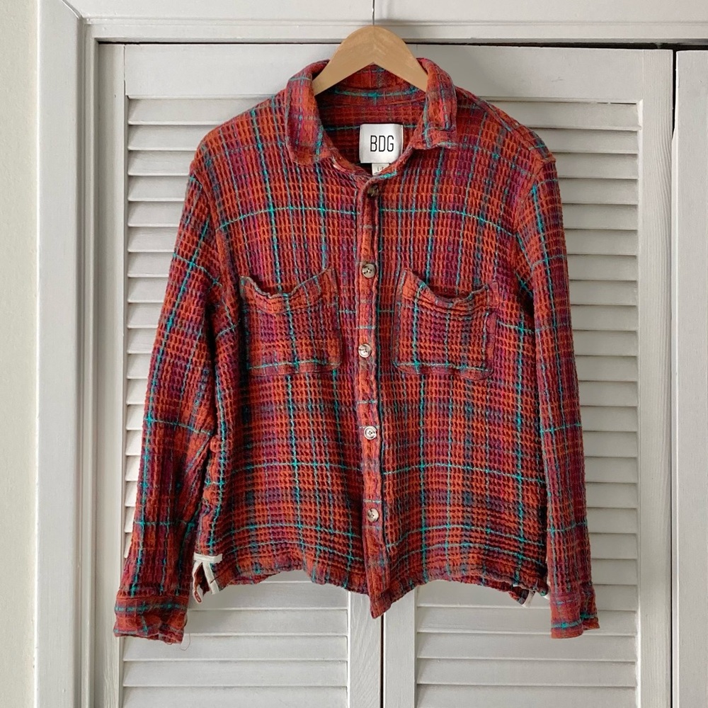 Urban Outfitters BDG Burnt Orange & Turquoise Plaid Waffle Knit Button Down